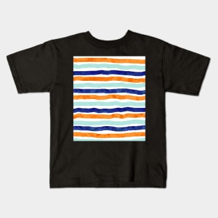 Navy orange sky blue watercolor hand-drawn stripes Kids T-Shirt